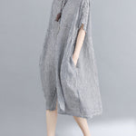 Artistic Retro Loose Split-Joint Plaid Buttoned Stand Collar Half Sleeves Midi Dress