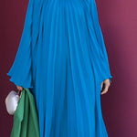 Flared Sleeves Loose Pleated Ruffled Solid Color Split-Joint High Neck Maxi Dresses