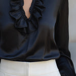Black Satin Keyhole Ruffle Blouse
