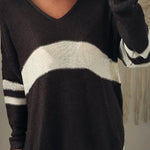 Fashionable Patchwork V-neck Long-sleeved Knitted Sweater