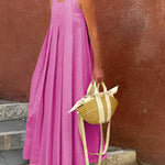 Loose Sleeveless Pleated Solid Color Round-Neck Maxi Dresses