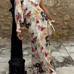 Ninah Satin Tie-dye Print Tie-up Neck One Sleeve H-line Maxi Dress