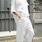 Casual Solid Color Crewneck Top & Pants Cotton Linen Two-piece Set