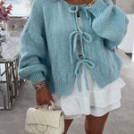 Stylish Solid Color Crew Neck Lace-up Sweater