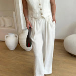 Casual Solid Color Cotton Linen Vest & Lace-Up Pants Two-Piece Set
