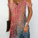 A-Line High Waisted Hollow Printed Cold Shoulder Mini Dresses