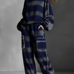 Long Sleeves Loose Contrast Color Line Split-Joint Striped Round-Neck Sweatershirt