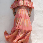 Boho Sunset Stripe Off-Shoulder Tiered Chiffon Maxi Dress With Smocked Waist