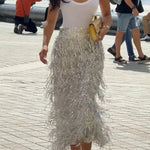 Evening Charm Layered Sequined Tassels High Rise Back Zipper Slit Midi Skirt
