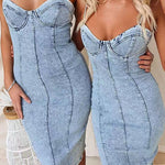 Spaghetti Strap Back Slit Denim Bodycon Dress