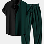 Two Tone Muscle Fit Ribbed Stand Collar Shirt & Straight Leg Ribbed Pants