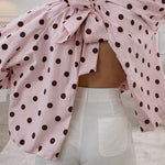 Lantern Long Sleeves Bow Back Slit Polka Dot Top