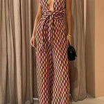 Margovil Chic Back Criss Cross Knot Waist Wide Leg Printed Jumpsuit