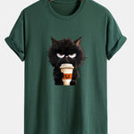 Regular Fit Black Cat Drinking Coffee Print Cotton T-Shirt