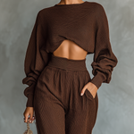 Women's Coffee-colored Short Top And Wide-leg Pants Knitted Set