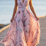 Deep V Neck Sleeveless Floral Print Swing Maxi Dress