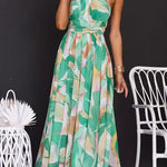 Halter Neck Open Back Waisted Printed Maxi Dress