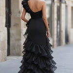 Black One-Shoulder Ruffled Evening Gown With Front Slit