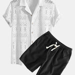 Short Sleeve Geometry Textured Cuban Shirt & Linen Cotton Blend Shorts
