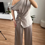Asymmetrical Shoulder Ruched Top Straight Leg Pants Satin Set