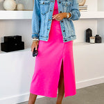 Crewneck Sleeveless Ruched Slit Midi Dress