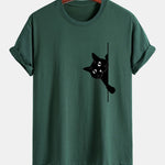 Regular Fit Black Cat Print Cotton T-Shirt