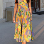 Margovil V Neck Printed High Waist Pleated Midi Cami Dress