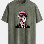 Pink Gentleman Panther Print Washed Distressed Drop Shoulder T-Shirt