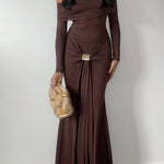 Off Shoulder Long Sleeves Metal Buckle Knot Detail Maxi Dress