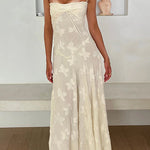 Margovil Spaghetti Strap Back Lace-up Applique Flower Lace Maxi Dress