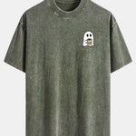 Ghost Drinking Coffee Print Washed Distressed Drop Shoulder T-Shirt