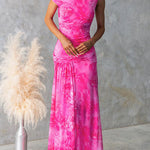 Asymmetric Shoulder Ruched Waist Floral Print Maxi Dress