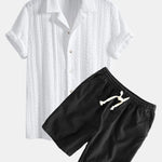 Geometric Jacquard Textured Cuban Shirt & Linen Cotton Blend Shorts