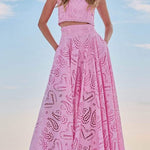 Margovil Lace Hollow Out Crewneck Crop Tank Top High Waist Maxi Swing Skirt Set