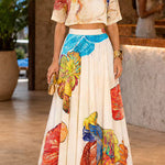 Crewneck Short Sleeves Crop Top High Rise Maxi Skirt Floral Print Set