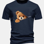 Regular Fit Zipper Bear Print Cotton T-Shirt