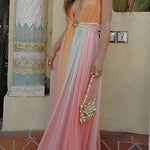 Deep V Neck Sleeveless Rainbow Maxi Dress