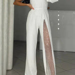 Margovil Stylish One Shoulder Slit Long Sleeve Mesh Splice Wide Leg Jumpsuit