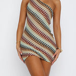 Margovil One Shoulder Sleeveless Color Block Crochet Mini Dress