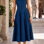 Square Neck Open Back Fit & Flare Denim Midi Dress