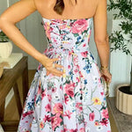 Strapless Tube Back Lace-up Floral Print Midi Dress