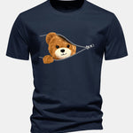 Regular Fit Zipper Bear Print Cotton T-Shirt