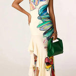 One Shoulder Floral Print Ruffle Hem Slit Maxi Dress