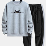 Black Cat Print Relax Fit Sweatshirt & Jogging Pants