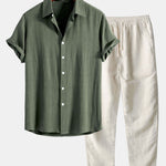 Linen Rayon Blend Button Up Shirt & Straight Leg Linen Pants