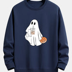 Halloween Ghost Drinking Coffee Pumpkin Print Relax Fit Sweatshirt
