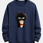 Black Cat Halloween Coffee Print Relax Fit Sweatshirt
