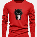 Long Sleeve Black Cat Drinking Coffee Print Cotton T-Shirt