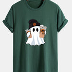 Regular Fit Halloween Ghost Coffee Print Cotton T-Shirt