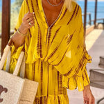 V Neck Batwing Ruffle Sleeves Tie Dye Mini Dress